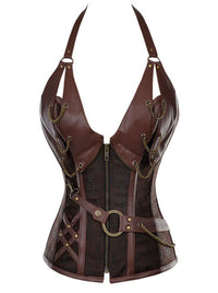 Spiral Steel Boned Steampunk Goth Halter Leather Bustier Corset Main View