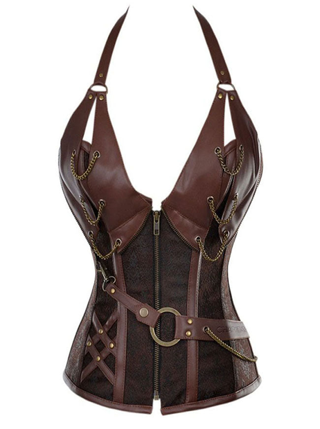 Spiral Steel Boned Steampunk Goth Halter Leather Bustier Corset Main View