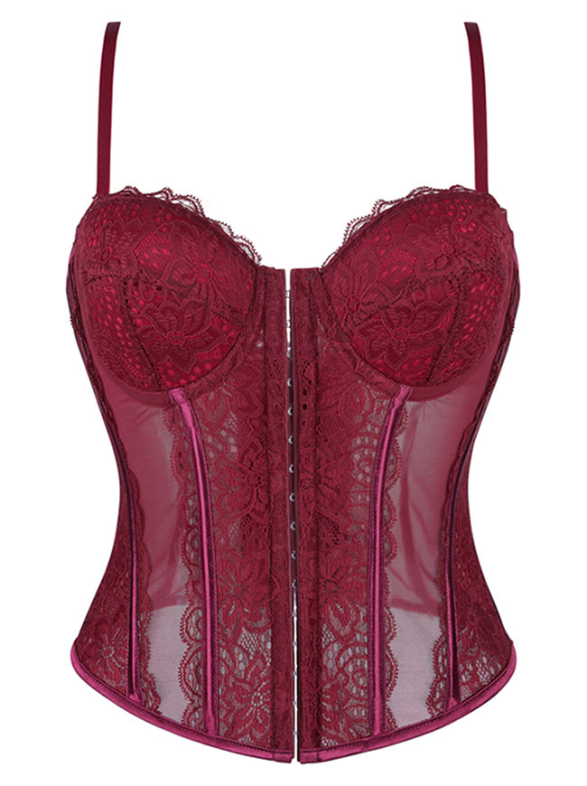 Charmian Women's Y2K Lace Mesh Corset Top with Adjustable Straps Burgundy Main Image
