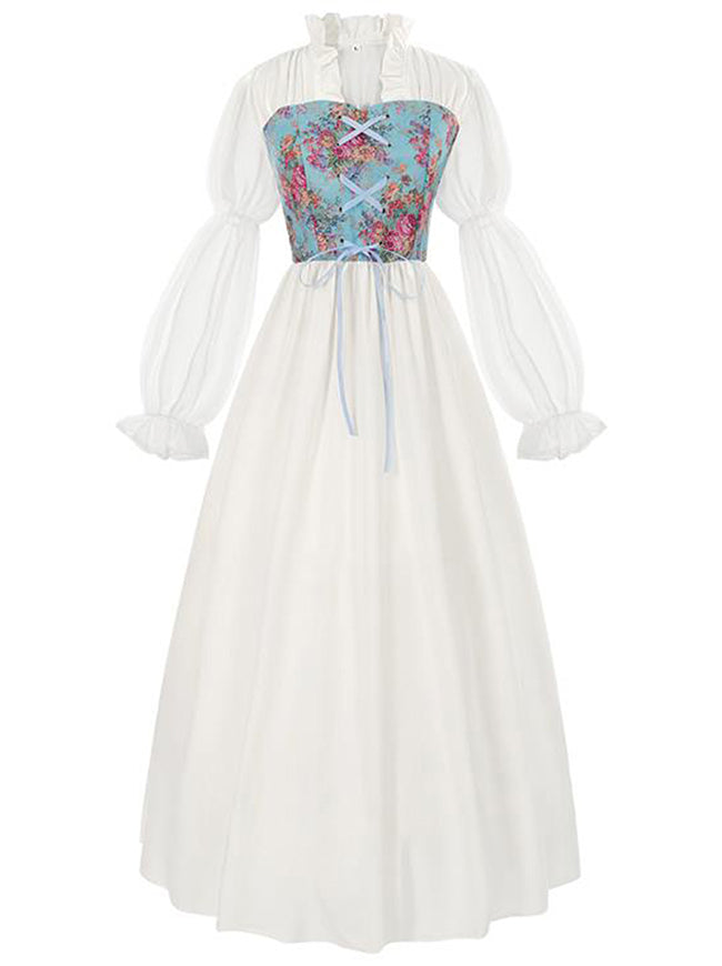 Renaissance Cottagecore Cotton Floral Print Maxi Corset Dress with Sleeves White / S/Fit Bust: 37.0