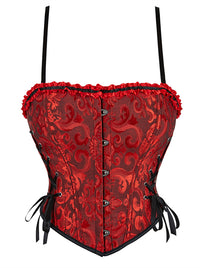 Charmian Women's Vintage Brocade Ruffle Trim Lace-Up Corset Top with Adjustable Straps Red Main Image