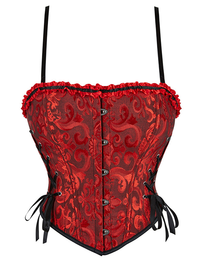 Charmian Women's Vintage Brocade Ruffle Trim Lace-Up Corset Top with Adjustable Straps Red Main Image