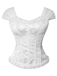Corsé victoriano vintage de brocado para mujer con mangas cortas con volantes, cierre de cordones y cremallera, color blanco. Imagen principal.