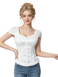 Corsé victoriano con cordones, bustier, vista superior de la modelo