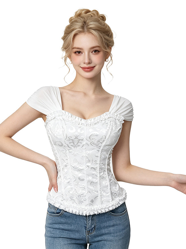 Corsé victoriano con cordones, bustier, vista superior de la modelo