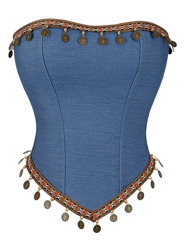 Charmian Women's Denim Tassel Strapless Bohemian Overbust Corset Tube Top Main Image