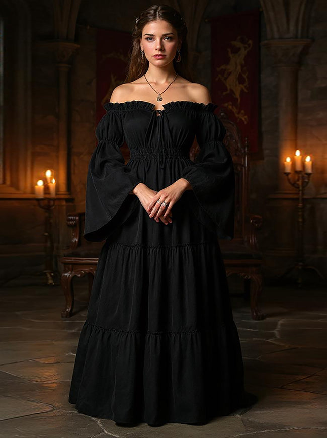 Renaissance Medieval Off-Shoulder Smocked Peasant Dress with Long Sleeves Green / M / Fit Bust: 47.2"-48.8", Fit Waist: 27.6"-29.1" Renaissance Medieval Off-Shoulder Smocked Peasant Dress with Long Sleeves Green / M / Fit Bust: 47.2"-48.8", Fit Waist: 27.6"-29.1"