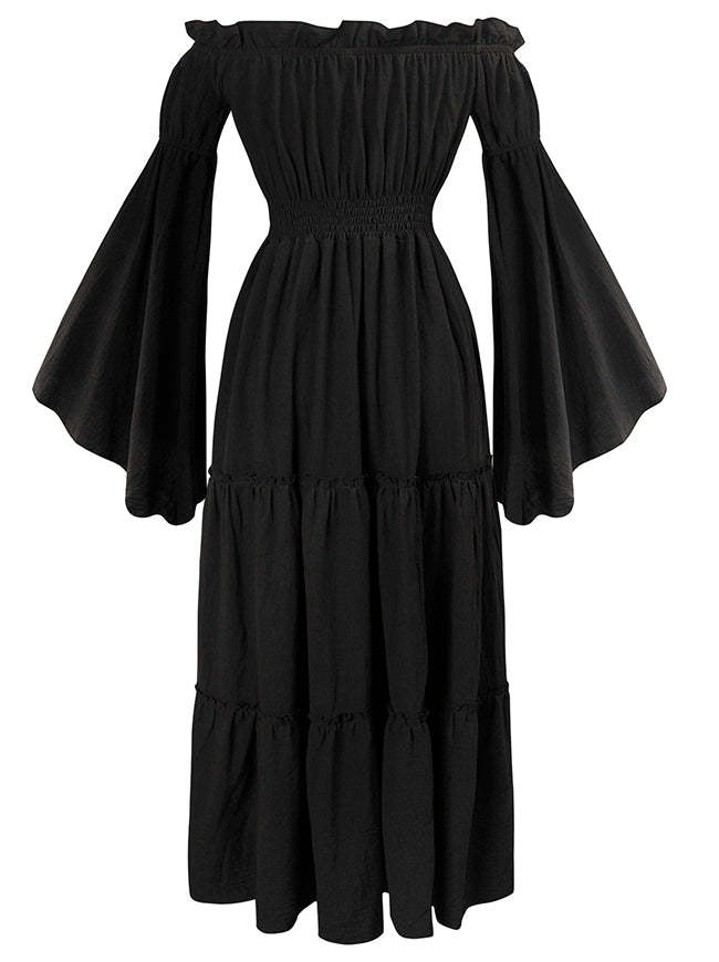 Renaissance Medieval Off-Shoulder Smocked Peasant Dress with Long Sleeves Green / M / Fit Bust: 47.2"-48.8", Fit Waist: 27.6"-29.1" Renaissance Medieval Off-Shoulder Smocked Peasant Dress with Long Sleeves Green / M / Fit Bust: 47.2"-48.8", Fit Waist: 27.6"-29.1"