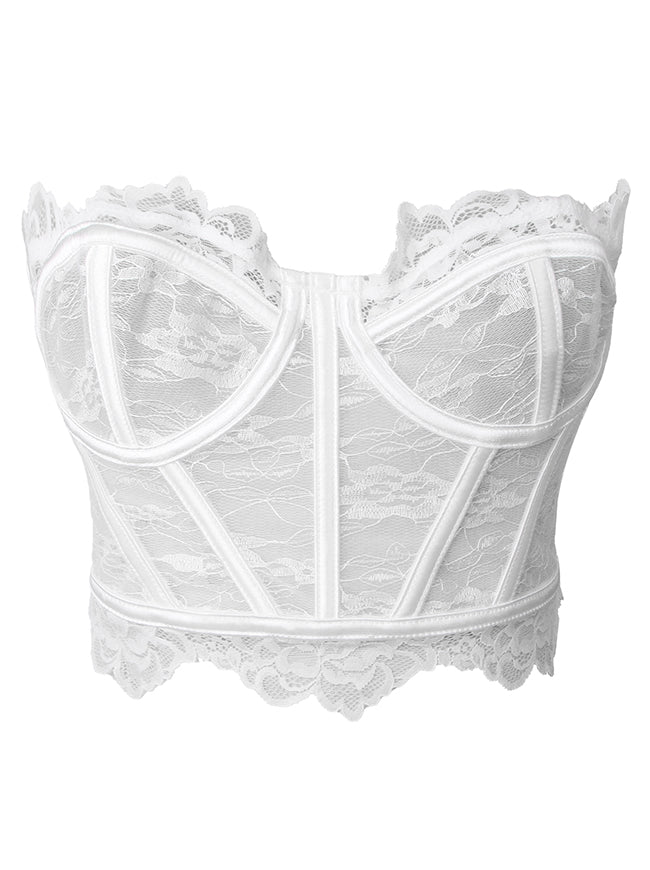 Charmian Women's Y2K Strapless Lace Corset Top Summer Sheer Boned Bustier Crop Top White Main Image