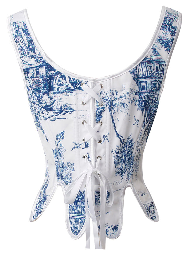 Renaissance Floral Boned Straps Bustier Vest Corset Top Detail View