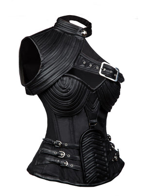 Classical Vintage High Quality Women Black Faux Leather Gothic Steampunk Cord Lacing Overbust Corset Tops Side View