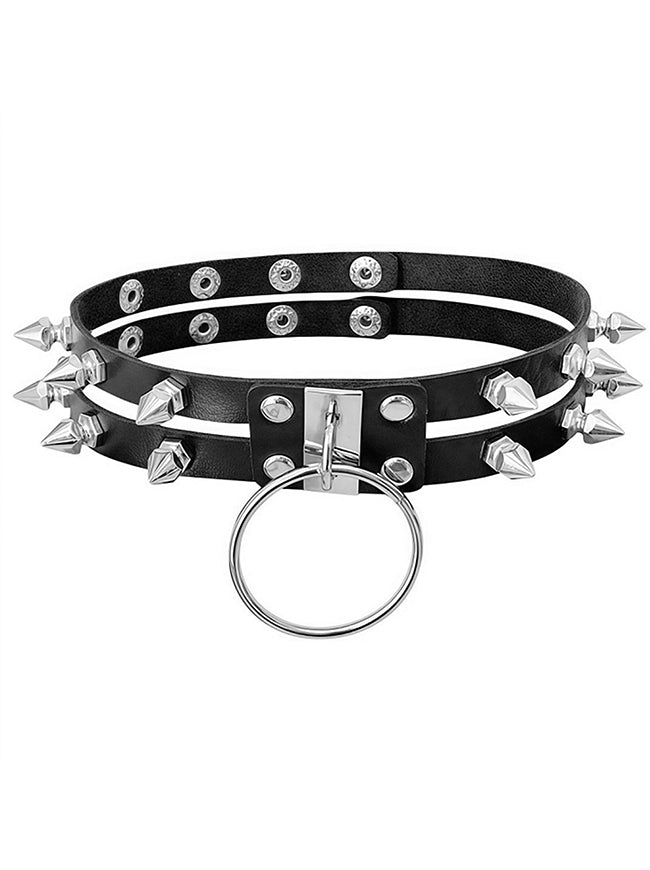 Charmian Women's Gothic Punk Spiked Leather Choker Necklace with O-Ring Black Main Image