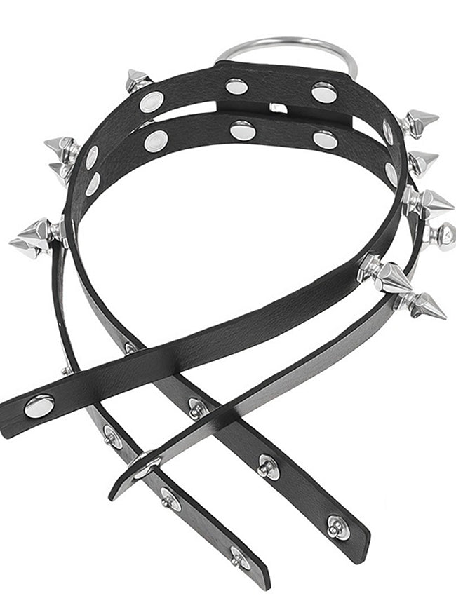 Women Black Spiked Leather Choker Detail View