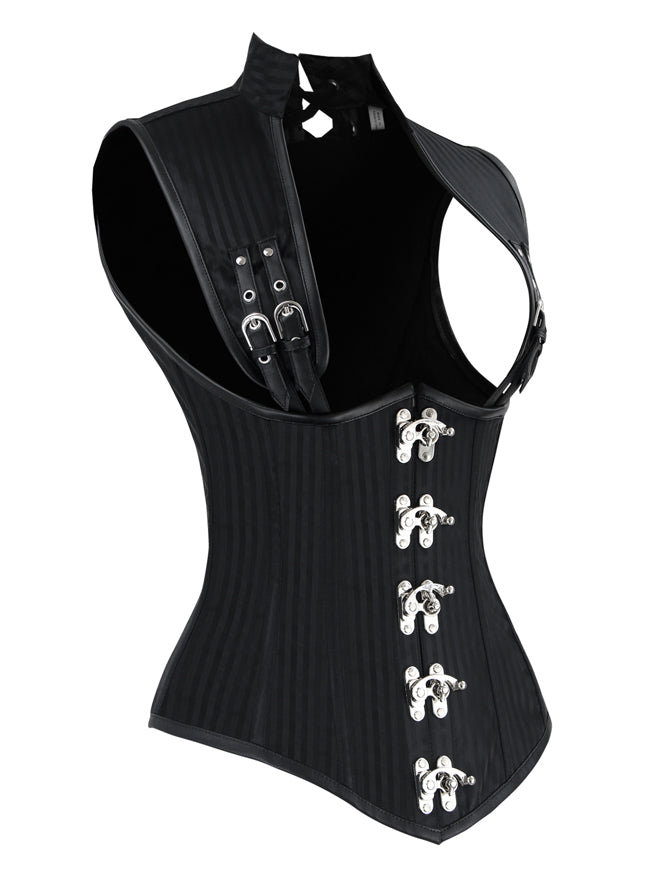 Classical Vintage High Quality Women Black Brocade Punk Clasp Closure Body Shapewear Underbust Vest Corset Tops Side View