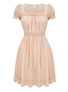Charmian Women's Elegant Casual Square Neck Puff Sleeve A-line Midi Dress with Lace Hem Apricot Main Image