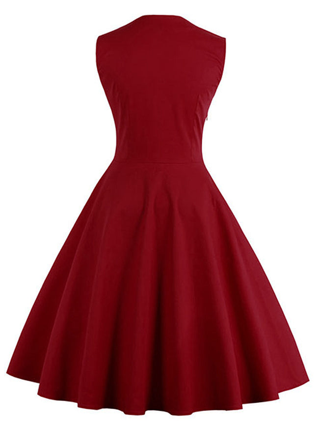 Women Wine Red Sleeveless Summer Swing Dress Back View