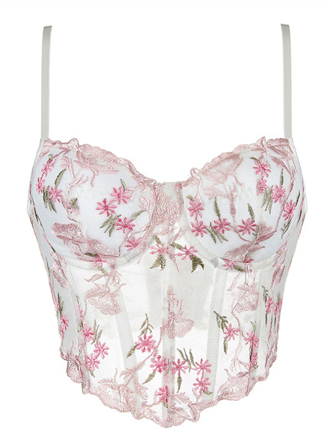 Charmian Women's Vintage Spaghetti Strap Floral Embroidered Mesh Corset Top Pink Main Image