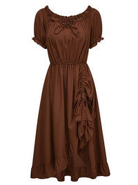 Charmian Women's Renaissance Style Off Shoulder Puff Sleeve Maxi Dress with Drawstring Hem Brown Main Image