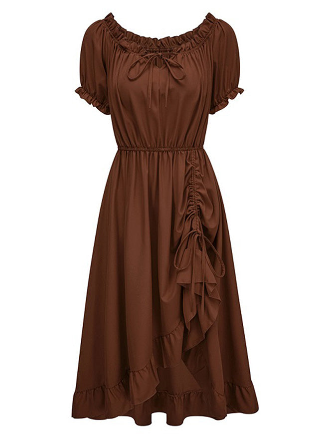 Charmian Women's Renaissance Style Off Shoulder Puff Sleeve Maxi Dress with Drawstring Hem Brown Main Image