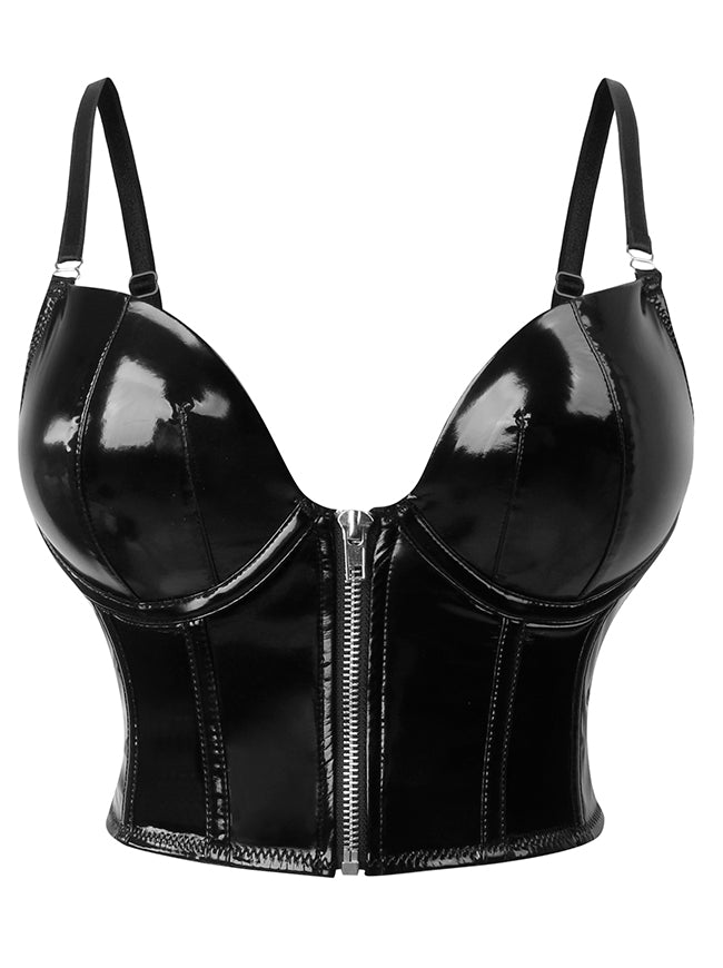 Black PU leather corset bustier top - zipper front push up gothic punk style Main Image