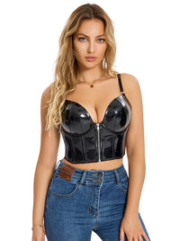 Charmian Women's Plus Size Gothic Punk PU Leather Push Up Zipper Bustier Crop Top Black-Zipper Main Image