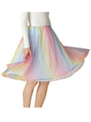 Womens Elastic High Waist Pleated Mesh Flowy A-Line Skirt Model View