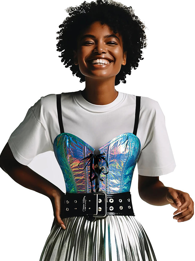 Women Summer Metallic Reflective Corset Top Model View