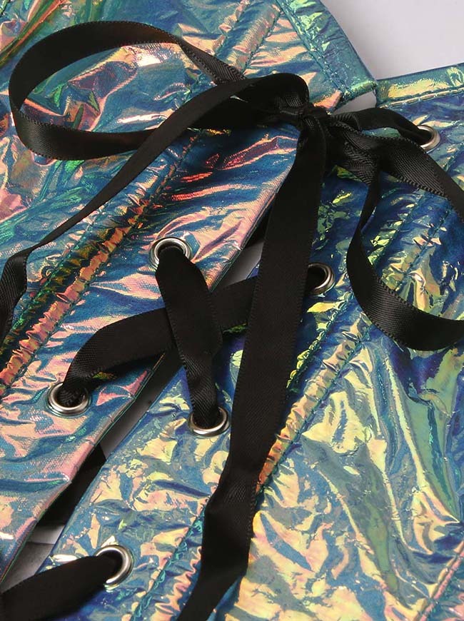 Female Holographic Corset Crop Top Detail View