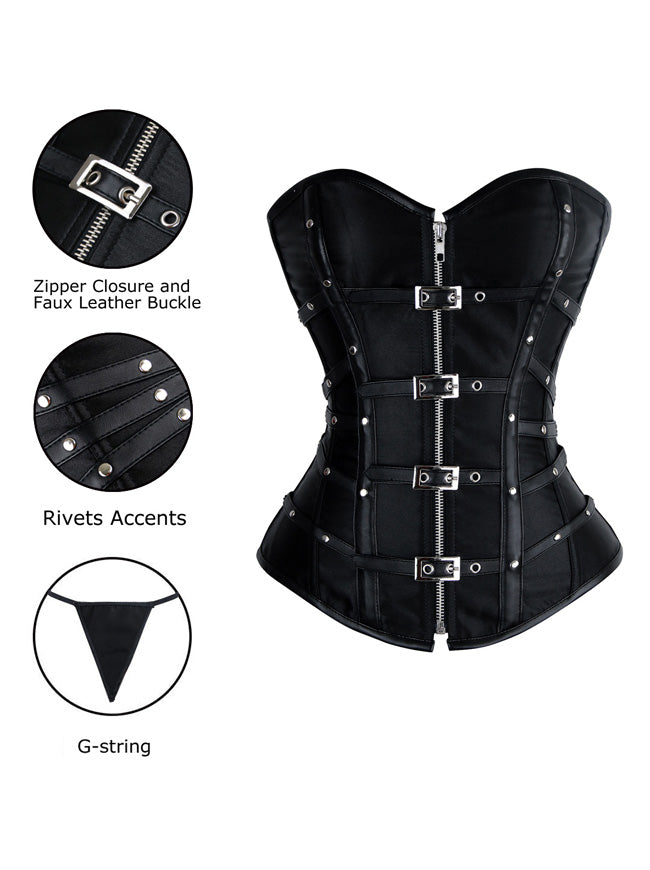 Charmian Gothic Punk Satin Boned Zipper Overbust Corset Top Charmian Gothic Punk Satin Boned Zipper Overbust Corset Top