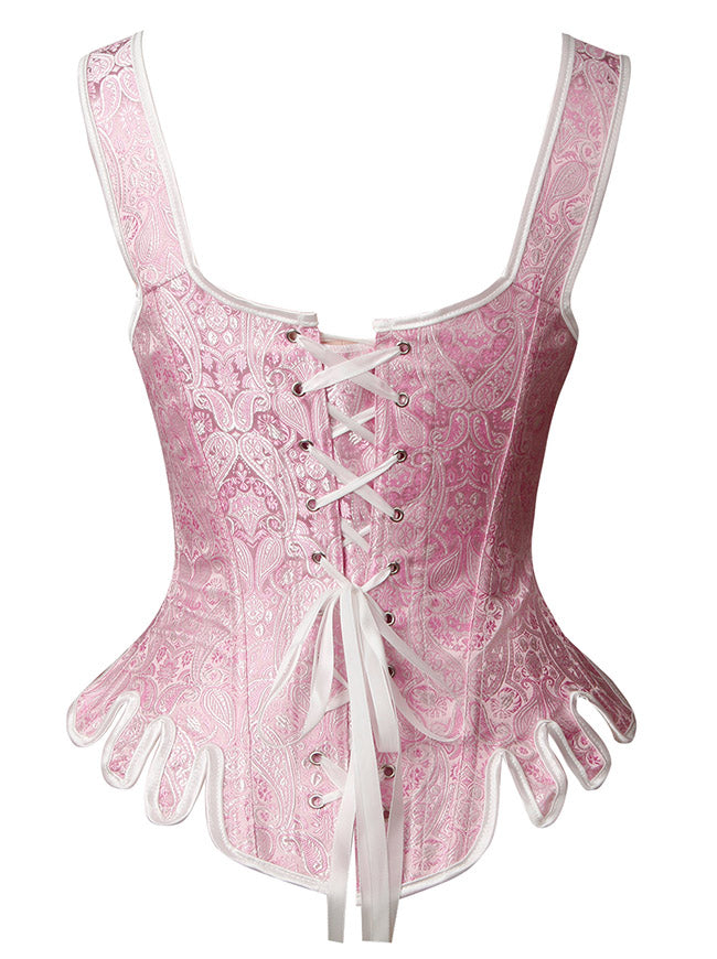 Elegant Floral Embroidered Lace Up Overbust Corset Tank Top with Straps Back View