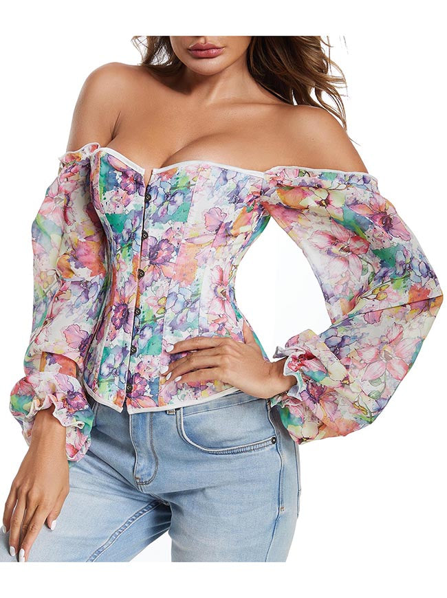 Elegant Charming Women Colorful Plastic Boned Lace Up Corset Off Shoulder Side View