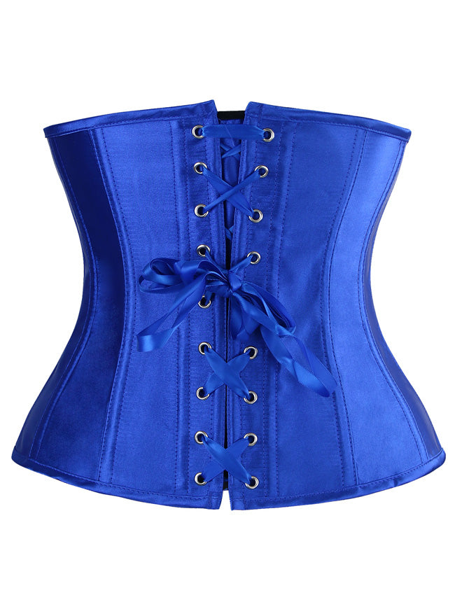 Sexy Burlesque Hochwertiges königsblaues Satin-Steampunk-Trägerloses Braut-Schnürkorsett mit Taillenformung und Unterbrustkorsett Hauptansicht