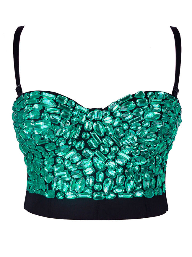 Spaghetti Straps Rhinestone Beaded Push Up Bra Studded Gem Clubwear Party Bustier Crop Top Green Main Image