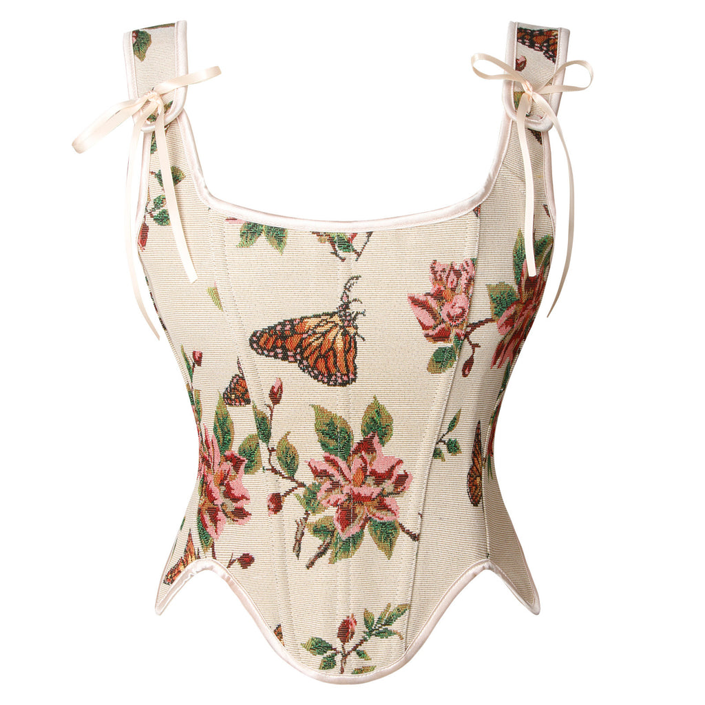 Renaissance Vintage Floral Embroidery Bustier Corset Crop Top with Straps