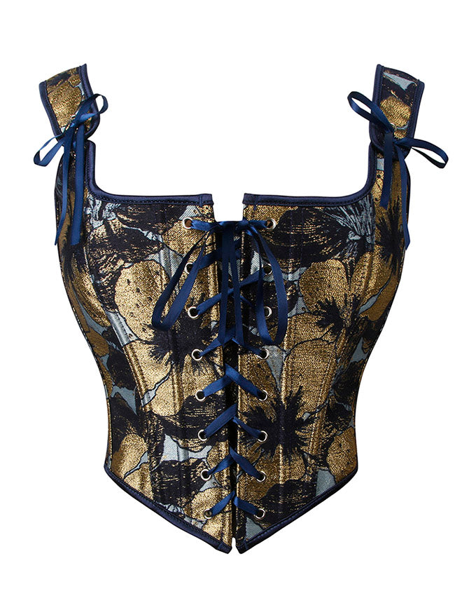 Charmian Damen Vintage Gold Blumendruck U-Ausschnitt Vorne Binden Überbrust Bustier Mieder Korsett Hauptbild