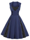 Killreal Women's Vintage Polka Dot Print A-Line Sleeveless Cocktail Party Casual Dress Dark Blue Main Image
