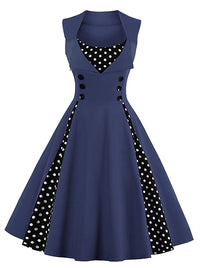 Killreal Women's Vintage Polka Dot Print A-Line Sleeveless Cocktail Party Casual Dress Dark Blue Main Image