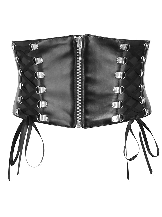 Charmian Women's Gothic Punk Faux Leather Elastic Wide Corset Waist Belt with Zipper Black Main Image