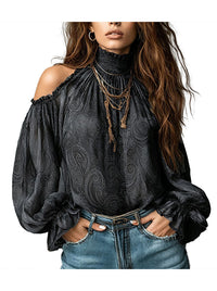 Women's Bohemian Paisley Print High Collar Ruffle Sleeve Chiffon Blouse Black Main Image