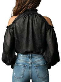 Women Black Paisley Print Long Sleeve Ruffle Chiffon Shirt Back View
