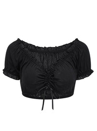 Charmian Qadın Vintage Off Çiyinli Qısaqol Köynək Bluza Crop Top Qara Əsas Şəkil