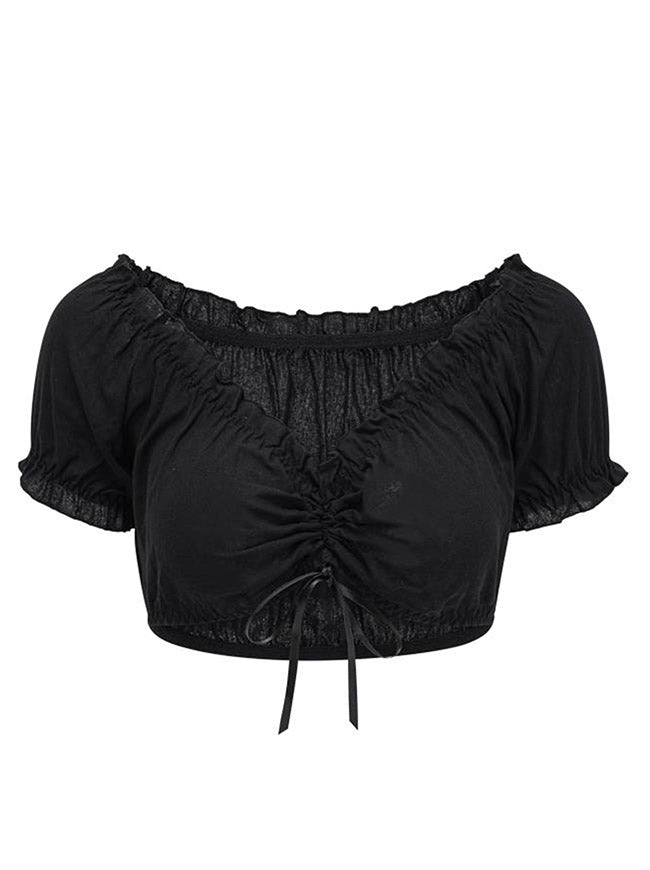 Charmian Women's Vintage Off Shoulder Short Sleeve Shirt Blouse Crop Top Black Main Image