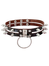 Charmian Women's Gothic Punk Spiked Leather Choker Necklace with O-Ring Brown Main Image