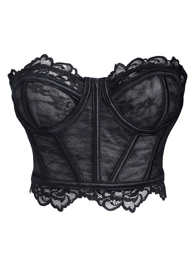 Charmian Women's Y2K Strapless Lace Corset Top Summer Sheer Boned Bustier Crop Top Black Main Image