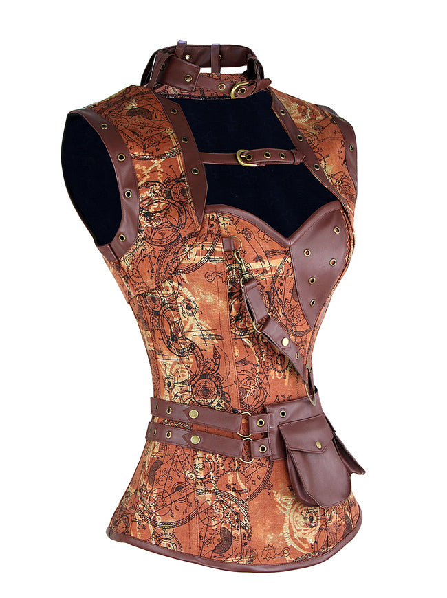 Steampunk Brown Renaissance Cheap Punk Goth Belt Steel Boned Overbust Halloween Corset Top Side View