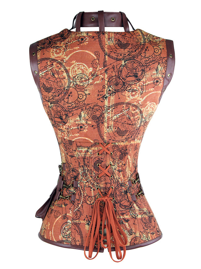 Steampunk Women Punk Short Torso Goth Rock Steel Boned Victorian Jacket Brown Burlesque Corset Back View