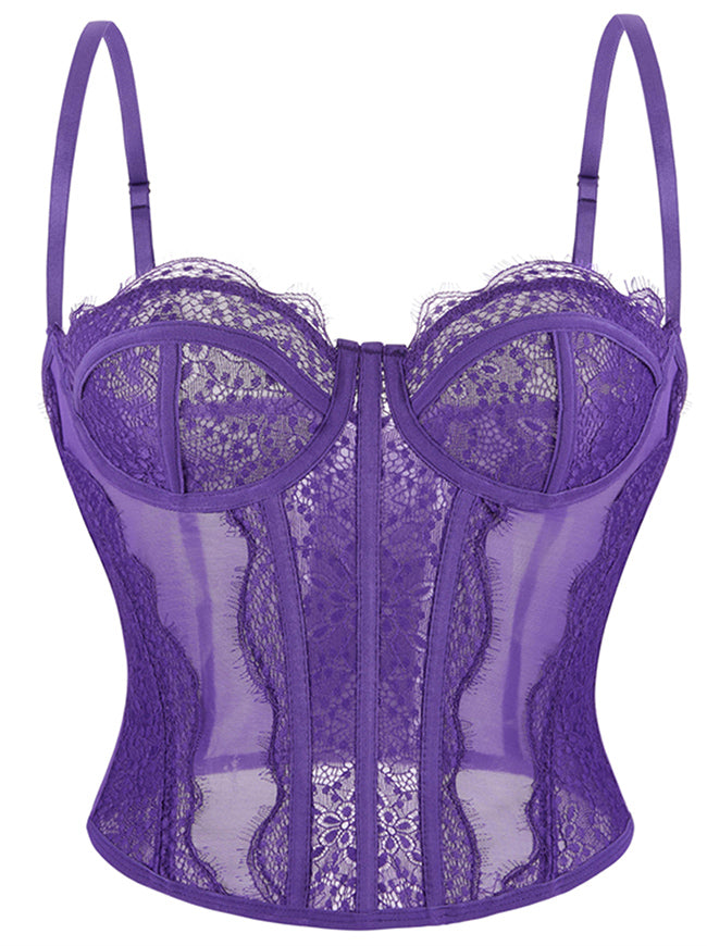 Charmian Women's Y2K Lace Mesh Boned Bustier Corset Top with Spaghetti Straps Purple Main Image