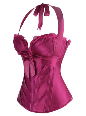 Women's Burlesque Satin Padded Halter Zipper Bustier Corset Top Purple Side View