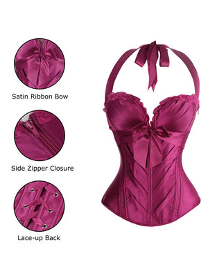 Women's Fashion Satin Padded Halter Zipper Bustier Lingerie Corset Top Purple Detail View