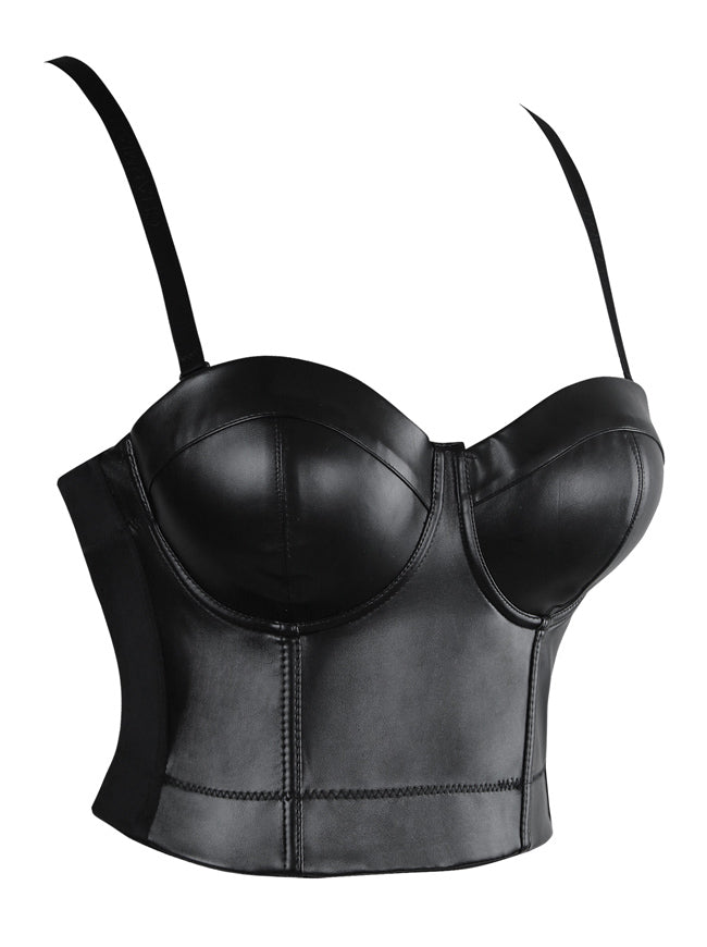 Women's Fashion Spaghetti Straps Push Up Faux Leather Clubwear Bustier Crop Top Bra Black Side View